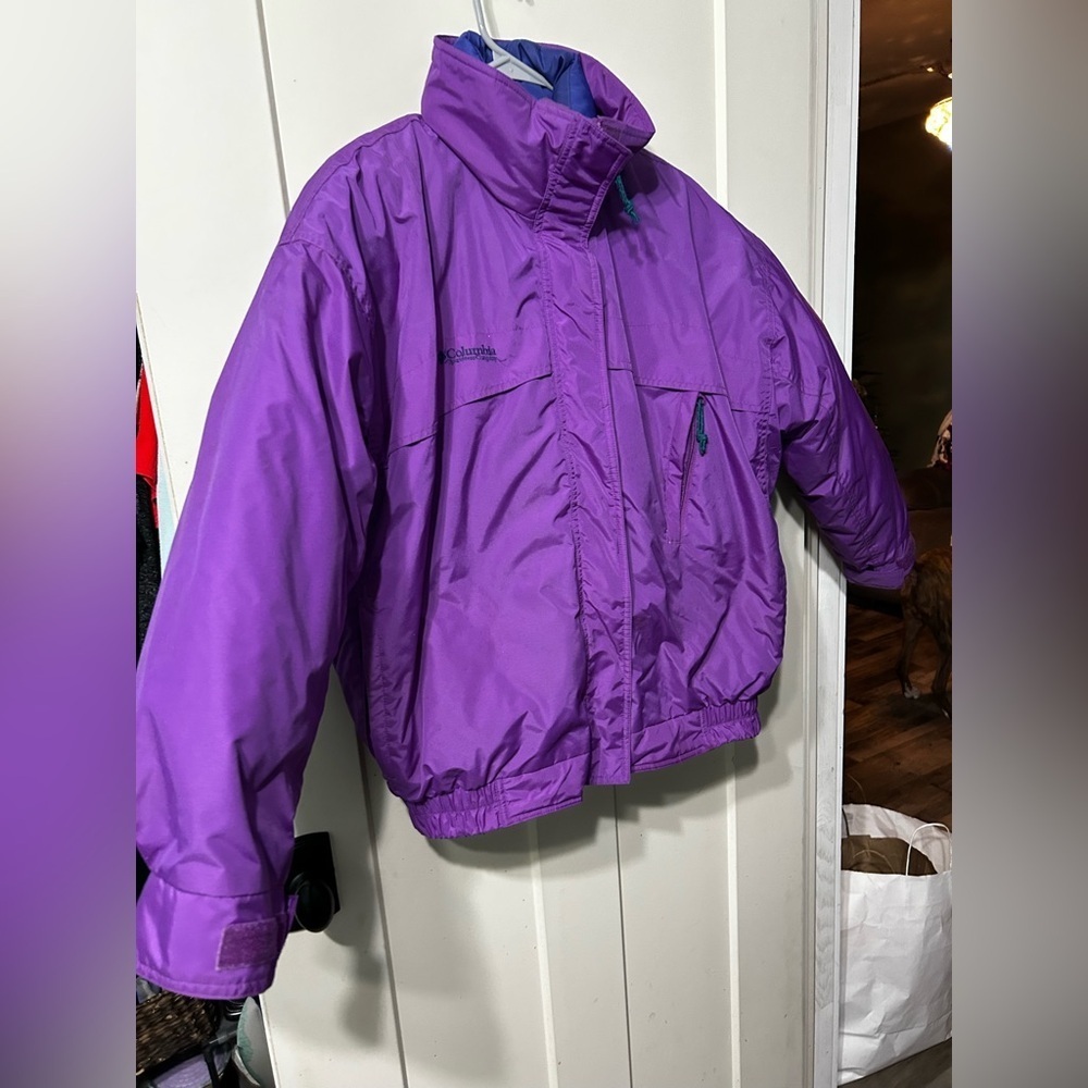 Vtg Columbia Whirlibird Down Puffer 2 in 1 Jacket in Purple, yellow & Blue